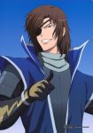  absurdres armor brown_hair date_masamune date_masamune_(basara) date_masamune_(sengoku_basara) eyepatch gloves grey_eyes highres male official_art sengoku_basara short_hair smile solo 