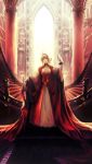  aestus_estus ahoge backlighting blonde_hair cape cleavage_cutout column cup dress epaulettes fate/extra fate_(series) green_eyes hair_ribbon highres kzcjimmy pillar ribbon saber_extra scenery solo stairs sword weapon 
