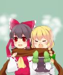  bad_id braid closed_eyes eyes_closed hair_tubes hakurei_reimu hovering_kousin kirisame_marisa multiple_girls open_mouth perfect_cherry_blossom red_eyes scarf shared_scarf smile touhou 