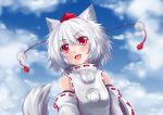  absurdres animal_ears bare_shoulders blush bust cloud detached_sleeves eyelashes hat highres inubashiri_momiji langlong ookami_ryuu open_mouth red_eyes shield short_hair silver_hair sky smile solo tail tokin_hat touhou wolf_ears wolf_tail 