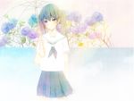  blue_eyes blue_hair flower flowers hatsune_miku penchop seifuku skirt twintails umbrella vocaloid 