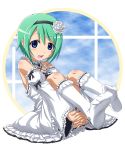  blue_eyes detached_sleeves dress flower green_hair hair_flower hair_ornament hairband highres looking_at_viewer original rose shirosame short_hair solo window 