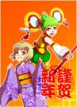  blonde_hair ch0c0_late chinese_clothes detached_sleeves dragon_kid dual_persona floral_print flower gradient gradient_background green_eyes green_hair hair_ornament hairclip hat huang_baoling japanese_clothes kimono multiple_girls orange_background short_hair shorts staff superhero thigh-highs thighhighs tiger_&amp;_bunny 