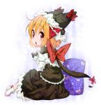  alternate_costume bad_id black_gloves blonde_hair bow capelet child cup floral_print gloves hair_ribbon hat hat_with_ears highres jigatei_(omijin) omijin open_mouth pillow red_eyes ribbon rumia shirt short_hair sitting skirt slippers solo the_embodiment_of_scarlet_devil touhou youkai 