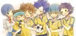  5boys bad_id ball blue_eyes blue_hair brown_hair closed_eyes eyes_closed friends grin inazuma_eleven inazuma_eleven_(series) inazuma_eleven_go kariya_masaki kurodeko matsukaze_tenma multiple_boys nishizono_shinsuke open_mouth school_uniform short_hair smile soccer_ball soccer_uniform sorano_aoi tsurugi_kyousuke 