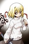  adult akou_roushi alternate_costume blonde_hair casual ex-rumia red_eyes ribbed_sweater rumia short_hair solo sweater sword the_embodiment_of_scarlet_devil touhou weapon youkai 