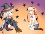  2girls bat_wings blonde_hair cape closed_eyes eyes_closed halloween hat kamikita_komari little_busters!! long_hair multiple_girls nekogoya noumi_kudryavka sitting thigh-highs thighhighs wariza wings witch_hat 