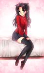  black_legwear blue_eyes brown_hair fate/stay_night fate_(series) hair_ribbon long_hair miniskirt nfr pleated_skirt ribbon skirt solo thigh-highs thighhighs tohsaka_rin toosaka_rin turtleneck two_side_up zettai_ryouiki 