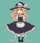  black_legwear blonde_hair braid brown_eyes child hat hovering_kousin kirisame_marisa long_hair mary_janes shoes simple_background skirt_hold smile socks solo touhou witch witch_hat 