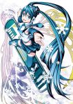  aqua_eyes aqua_hair detached_sleeves earmuffs hatsune_miku highres long_hair necktie open_mouth outstretched_arms skirt snowboard snowflakes solo spread_arms thigh-highs thighhighs torigoe_takumi twintails very_long_hair vocaloid 