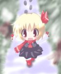  blonde_hair chibi fang gloves hair_ribbon open_mouth outstretched_arms r_pascal red_eyes red_gloves ribbon rumia scarf shirt short_hair skirt skirt_set smile snow solo the_embodiment_of_scarlet_devil touhou vest youkai 
