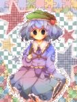  absurdres arm_up blue_eyes blue_hair blush dotted_lines dotted_outline dress frilled_dress frills hat highres holding jigsaw_puzzle kawashiro_nitori key nanahamu open_mouth pocket short_hair short_twintails solo star strap touhou twintails 