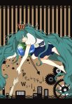  absurdres bad_id barefoot closed_eyes crown eyes_closed gears globe green_hair hatsune_miku highres letterboxed long_hair reaching solo striped striped_background twintails very_long_hair vocaloid wataame_(misaki525) 