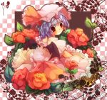  blue_hair blush bow checkered dress floral_print flower french frilled_dress frills grin hat hat_ribbon leaf nanahamu red_eyes remilia_scarlet ribbon rose short_hair short_sleeves sitting smile solo touhou wings 