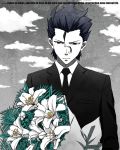  black_hair bouquet brown_eyes cloud english fate/zero fate_(series) flower formal gray_sky highres lancer_(fate/zero) lily_(flower) male mole monochrome muted_color muted_colors necktie prayer short_hair solo spot_color stflash suit 