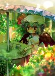  blue_hair blush brooch chair cookie cup food frills grin hat hat_ribbon highres jewelry leaf nanahamu plate pole red_eyes remilia_scarlet ribbon short_hair sitting smile solo tea teacup teapot touhou umbrella window wings 