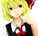  ascot bad_id benetto_(benet) blonde_hair blood bust hair_ribbon hand_to_mouth licking_lips red_eyes ribbon rumia shirt short_hair solo the_embodiment_of_scarlet_devil touhou vest youkai 