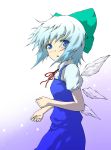  blue_eyes blue_hair bow cirno dress giorx78 gradient gradient_background hair_bow looking_at_viewer messy_hair open_mouth pale_skin ribbon short_hair short_sleeves simple_background solo touhou wings 