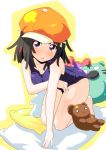  1girl bakemonogatari black_hair brown_eyes hat highres monogatari_(series) pillow sengoku_nadeko short_hair solo stuffed_animal stuffed_toy sw teddy_bear 