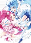  2girls ass bad_id bike_shorts blue_eyes blue_hair blue_legwear cure_blossom cure_marine dress flower hairband hanasaki_tsubomi heart heartcatch_precure! kona_(canaria) kurumi_erika long_hair looking_at_viewer magical_girl multiple_girls open_mouth pantyshot pink_dress pink_eyes pink_hair ponytail precure shorts_under_skirt smile thigh-highs thighhighs white_background wrist_cuffs 