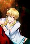  bad_id belt blonde_hair earrings fate/stay_night fate/zero fate_(series) gilgamesh jewelry male matsurika_youko matsurikay necklace red_eyes short_hair smile snakeskin snakeskin_print solo ysk0515 