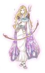  arrow belt blonde_hair bow_(weapon) cape dress female final_fantasy final_fantasy_iv final_fantasy_iv_the_after jewelry long_hair na_(pixiv913562) quiver robe rosa_farrell sandals solo weapon white_dress 