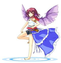  alternate_costume animal_ears bad_feet bare_legs barefoot belt cosplay feet final_fantasy final_fantasy_x final_fantasy_x-2 mystia_lorelei no_hat no_headwear red_eyes red_hair shirokuro_yagi short_shorts shorts simple_background solo songstress touhou wings yuna yuna_(cosplay) 