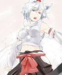  animal_ears bad_id bare_shoulders brown_eyes detached_sleeves fangs hat inubashiri_momiji midriff open_mouth ribbon rough shield short_hair silver_hair solo somsom tail tokin_hat touhou wolf_ears wolf_tail 