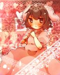  animal_ears arm_up blush brown_eyes brown_hair bunny_ears carrot dress frills heart holding inaba_tewi nanahamu open_mouth pinky_out short_hair short_sleeves touhou 