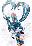  aqua_eyes aqua_hair detached_sleeves earmuffs from_above hatsune_miku heart heart_hair highres long_hair looking_up necktie open_mouth oustretched_arm outstretched_arm skirt snowboard snowflakes solo thigh-highs thighhighs torigoe_takumi twintails very_long_hair vocaloid 