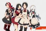  4girls ;d bad_id black_eyes black_hair braid brown_eyes hands_on_hips harano locked_arms long_hair maid maid_headdress multicolored_hair multiple_girls open_mouth original red_hair red_legwear single_braid smile thighhighs two-tone_hair white_hair wink 