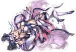  breasts cleavage copyright_request high_heels light_smile long_hair lying naturaljuice navel on_back purple_hair shoes thigh-highs thighhighs very_long_hair white_hair white_legwear 