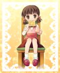  blush brown_eyes brown_hair butter child cup doujima_nanako dress eating mouth_hold persona persona_4 short_hair sitting slippers solo toast twintails yumegi_(mg.) 