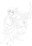  absurdres arms_behind_back barefoot flat_chest highres lineart long_hair monochrome nanahosi_seiiki open_mouth original sarashi solo weapon 