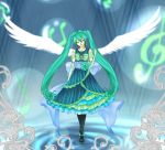  closed_eyes cross dress eyes_closed green_hair hatsune_miku jewelry long_hair musical_note necklace smile solo twintails very_long_hair vocaloid yanagi_hakuren 