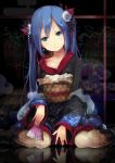  aqua_eyes blue_hair earrings fan flower folding_fan hair_flower hair_ornament hatsune_miku head_tilt highres japanese_clothes jewelry kimono long_hair looking_at_viewer obi ogipote reflection sitting smile solo twintails vocaloid wariza 