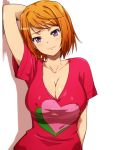  against_wall arm_behind_back arm_up breasts bust cleavage hairu hand_behind_head large_breasts light_smile my-hime no_bra orange_hair purple_eyes red_shirt shadow shirt short_hair simple_background solo tokiha_mai violet_eyes 