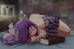  bare_shoulders bed book bookshelf breasts chair cleavage crescent down_blouse dress hat library on_bed on_side patchouli_knowledge purple_eyes purple_hair solo spaghetti_strap touhou usamimiok violet_eyes voile 