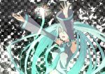  aqua_hair arms_up bad_id checkered checkered_background closed_eyes detached_sleeves eguegu eyes_closed hatsune_miku highres long_hair navel necktie open_mouth outstretched_arms solo twintails very_long_hair vocaloid 