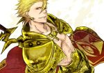  archer_(fate/prototype) armor blonde_hair fate/prototype fate_(series) kakesu_(freiheit) male red_eyes short_hair solo sword weapon 
