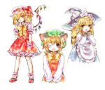  animal_ears apron blonde_hair blush brown_eyes brown_hair bust cat_ears chen child clariate earrings flandre_scarlet hair_over_one_eye hat jewelry kirisame_marisa long_hair multiple_girls red_eyes short_hair simple_background touhou wings wink witch witch_hat yellow_eyes 