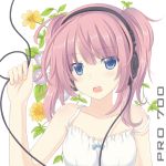  bare_shoulders blue_eyes blush bust cable collarbone cord dress face flower headphones highres long_hair looking_at_viewer mizunashi_kenichi open_mouth original pink_hair solo strap_slip sundress 