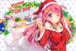  absurdres bare_shoulders blush breasts bust christmas cleavage gift hat highres kantoku kurumi_(kantoku) looking_at_viewer merry_christmas original pink_hair plaid polka_dot polka_dot_background purple_eyes ribbon sack santa_hat smile solo star violet_eyes wink 