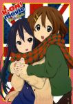  absurdres black_hair blush brown_eyes brown_hair hair_ornament hairclip highres hirasawa_yui horiguchi_yukiko hug hug_from_behind k-on! k-on!_movie long_hair multiple_girls nakano_azusa open_mouth scan scarf short_hair smile sweater twintails 