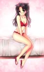  bikini blue_eyes breasts brown_hair cleavage fate/stay_night fate_(series) hair_ribbon long_hair nfr ribbon sandals solo swimsuit tohsaka_rin toosaka_rin two_side_up 