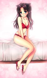  bikini blue_eyes breasts brown_hair cleavage fate/stay_night fate_(series) hair_ribbon long_hair nfr ribbon sandals solo swimsuit tohsaka_rin toosaka_rin two_side_up 