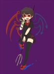  asymmetrical_wings bad_id black_hair black_legwear dress fang houjuu_nue hovering_kousin open_mouth pointy_ears polearm pumps red_eyes shoes short_hair simple_background slit_pupils snake solo thigh-highs thighhighs touhou trident weapon wings wristband zettai_ryouiki 