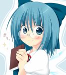  blue_eyes blue_hair blush book bow cirno glasses hair_bow holding holding_book oniku-chan short_hair smile solo touhou wings 