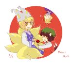  animal_ears blonde_hair brown_hair cat_ears cat_tail chen dotted_outline earrings flower fox_tail hat hovering_kousin jewelry mother's_day mother_and_daughter multiple_girls multiple_tails musical_note rose tail touhou yakumo_ran yakumo_yukari 