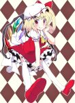  :q argyle argyle_background ascot blonde_hair flandre_scarlet hand_on_own_cheek hat hat_ribbon licking_lips perspective red_eyes ribbon sawade shirt side_ponytail skirt skirt_set smile solo the_embodiment_of_scarlet_devil thigh-highs thighhighs tongue touhou vest white_legwear wings zettai_ryouiki 